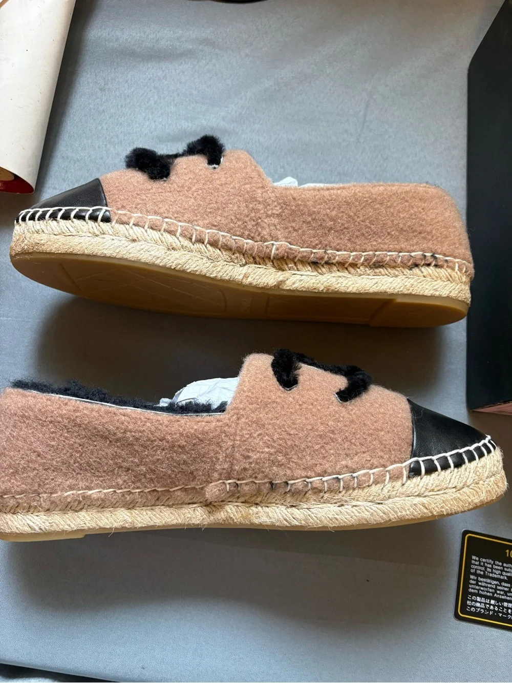 CHANEL NIB Brown Wool Slip-On Espadrille with Black Logo and Leather Toe